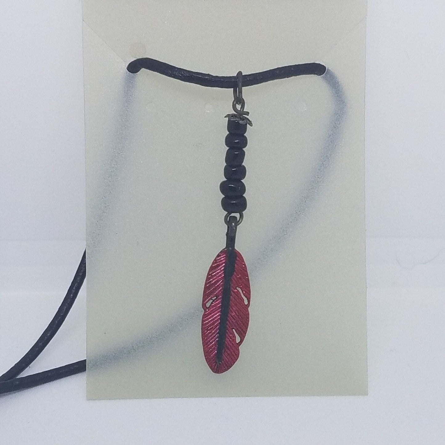 Necklace 1" Painted Red Feather Charm Black  Beads Black Leather Cord