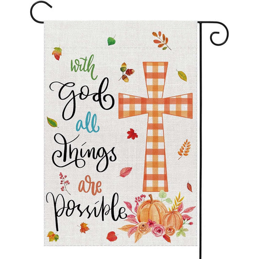 UPINLOOK Fall Thanksgiving Garden Flag 12 X 18 Inch Vertical Double Sided with God All Things are Possible Burlap Autumn Pumpkin Cross Farm