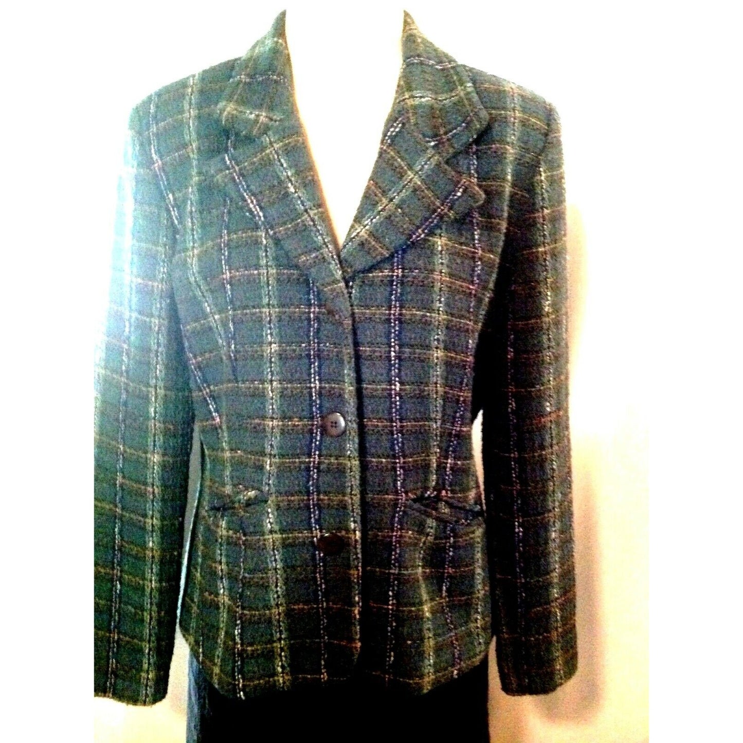 Jacket Women Hillard & Hanson Size 14 Green Plaid 3 Button Collar Long Sleeves