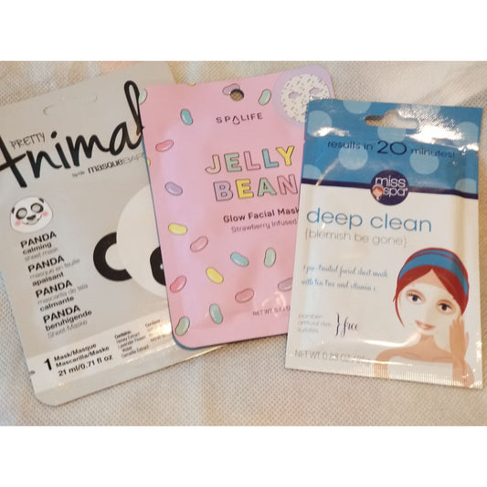 Set of 3 Face Masks 1 Each Miss Spa Deep Clean,  Spa Life Jelly Bean,, MasqueBar Pretty Animalz