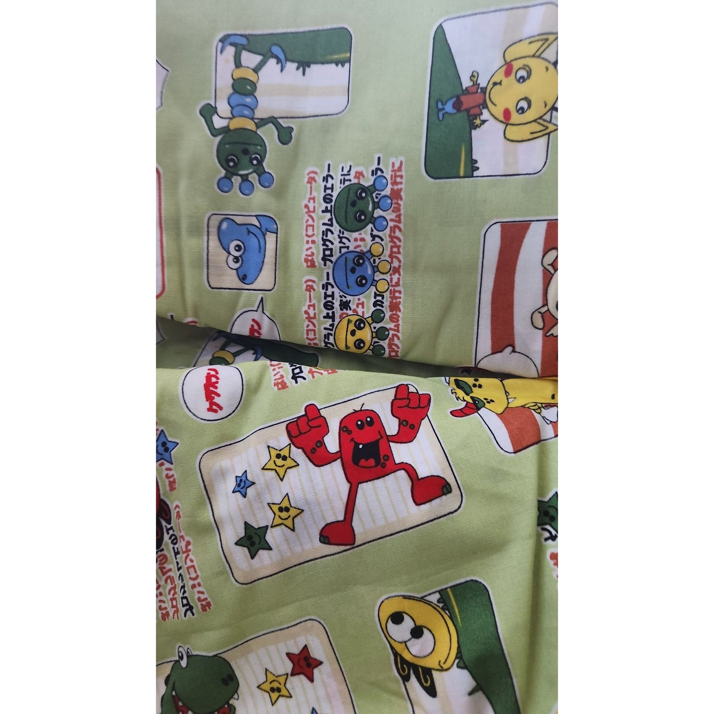Material Green Cotton Happy Monsters Cartoon blocks 8 yards of 45"   Cotton Fabric Crafting Clothing Quilting