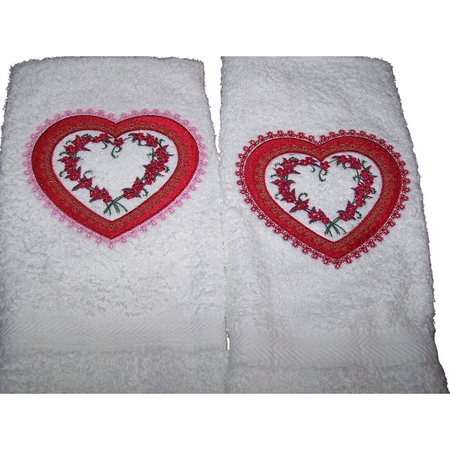 Kitchen Towel Embroidered 100%  Set 2 Cotton Terry  Pink & Red Hearts & Flowers 15 x 21