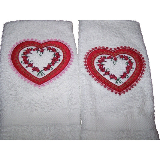 Kitchen Towel Embroidered 100%  Set 2 Cotton Terry  Pink & Red Hearts & Flowers 15 x 21