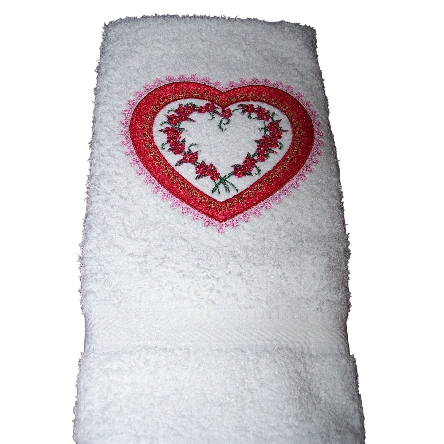 Kitchen Towel Embroidered 100%  Set 2 Cotton Terry  Pink & Red Hearts & Flowers 15 x 21