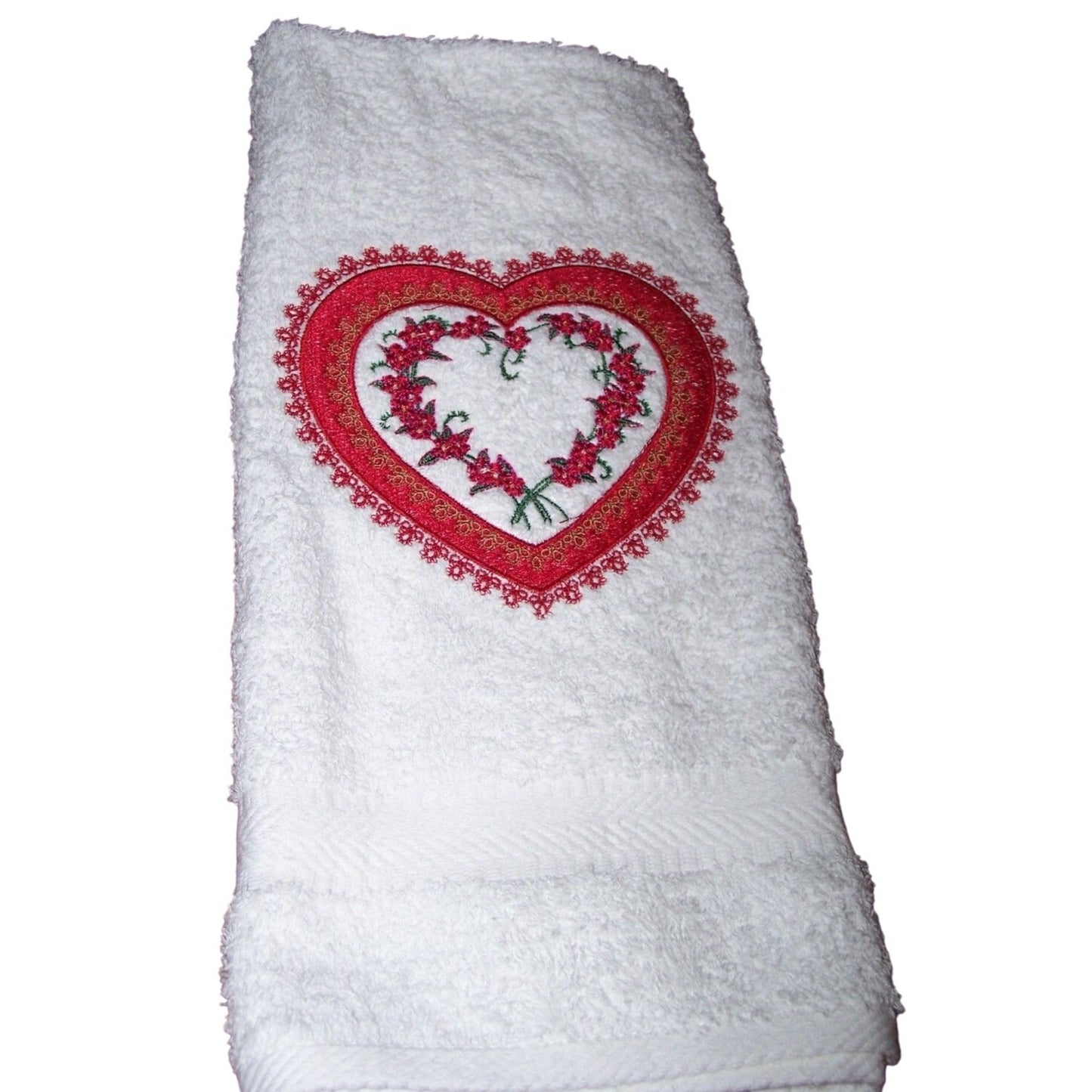Kitchen Towel Embroidered 100%  Set 2 Cotton Terry  Pink & Red Hearts & Flowers 15 x 21