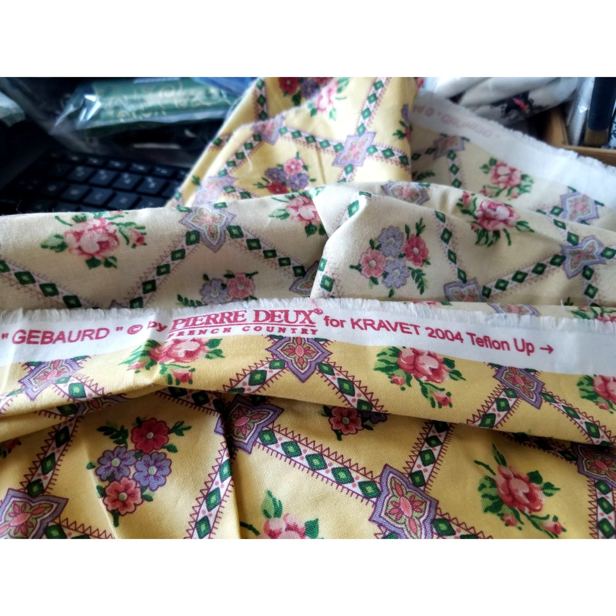 Material Keepsake Cotton Gold Fabric Triangle Flowers Purple Pink Green Geometric  JoAnn 54"  x 60"