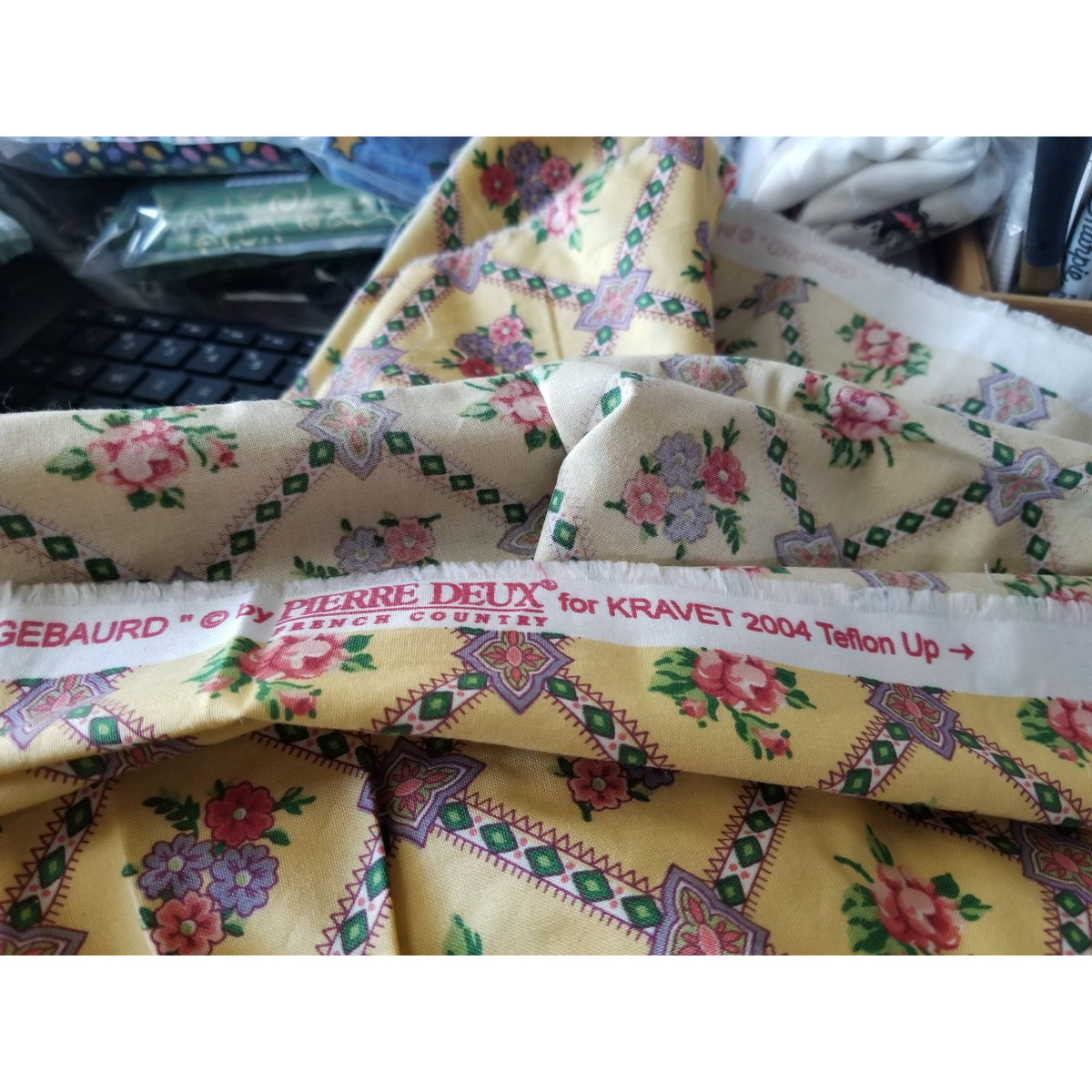 Material Keepsake Cotton Gold Fabric Triangle Flowers Purple Pink Green Geometric  JoAnn 54"  x 60"