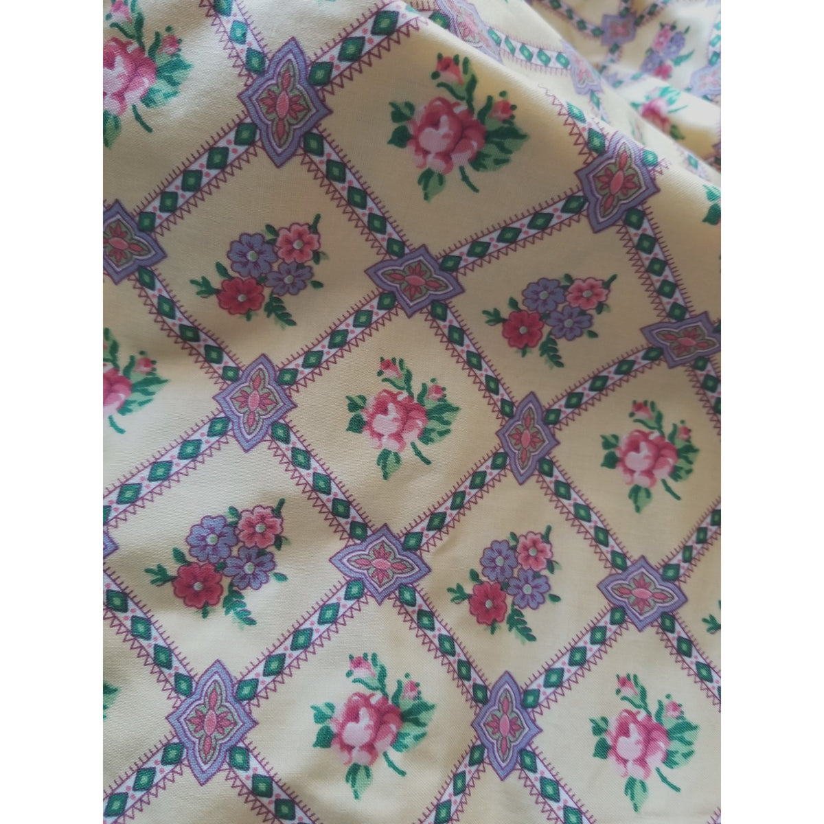 Material Keepsake Cotton Gold Fabric Triangle Flowers Purple Pink Green Geometric  JoAnn 54"  x 60"
