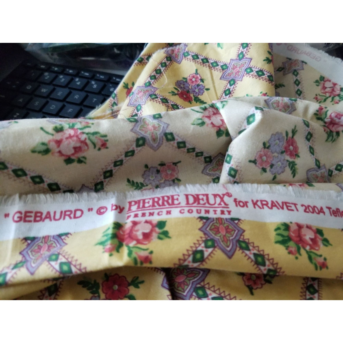 Material Keepsake Cotton Gold Fabric Triangle Flowers Purple Pink Green Geometric  JoAnn 54"  x 60"