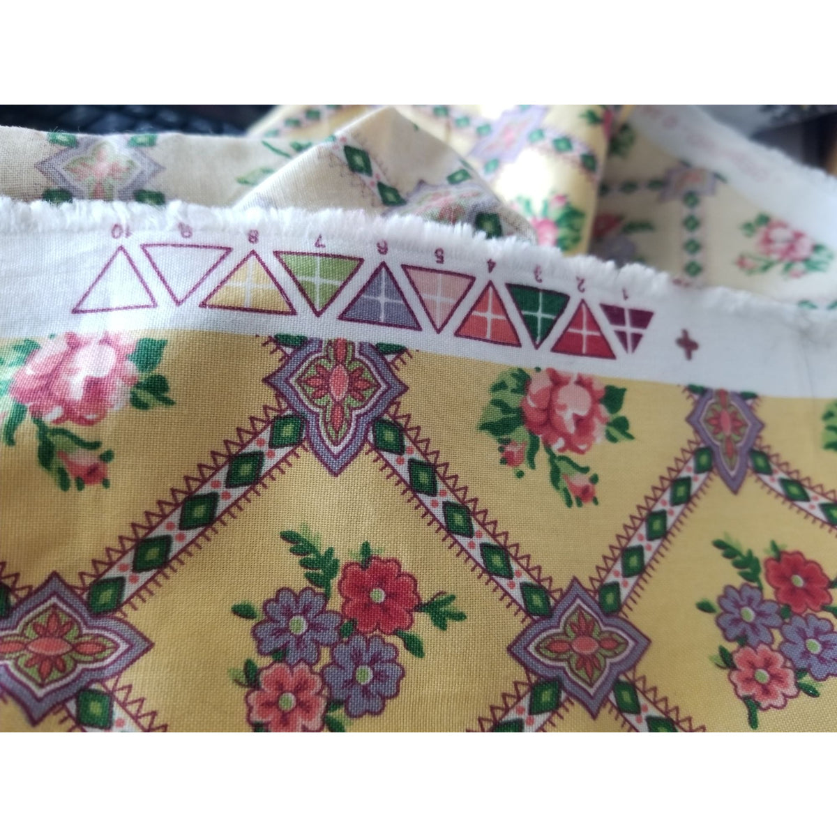 Material Keepsake Cotton Gold Fabric Triangle Flowers Purple Pink Green Geometric  JoAnn 54"  x 60"