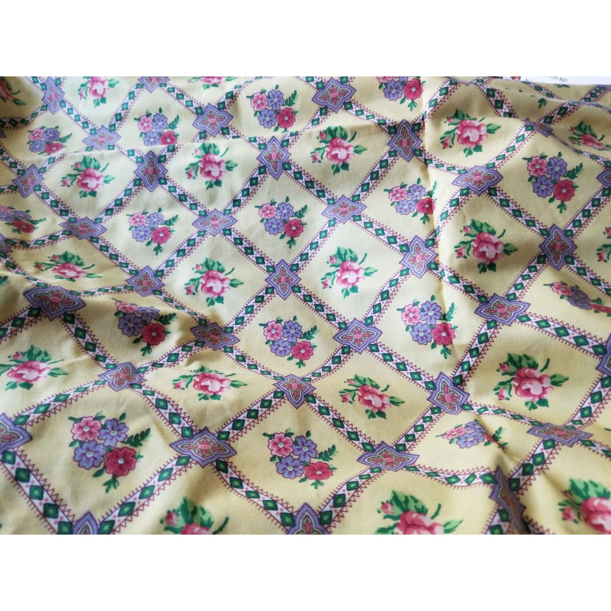 Material Keepsake Cotton Gold Fabric Triangle Flowers Purple Pink Green Geometric  JoAnn 54"  x 60"