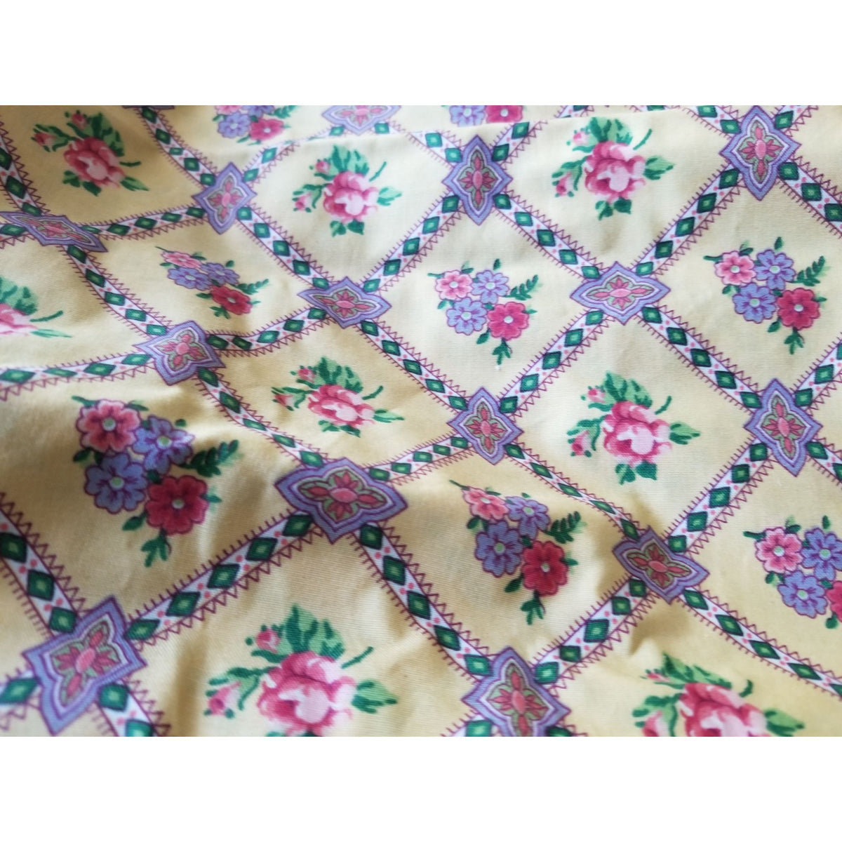 Material Keepsake Cotton Gold Fabric Triangle Flowers Purple Pink Green Geometric  JoAnn 54"  x 60"