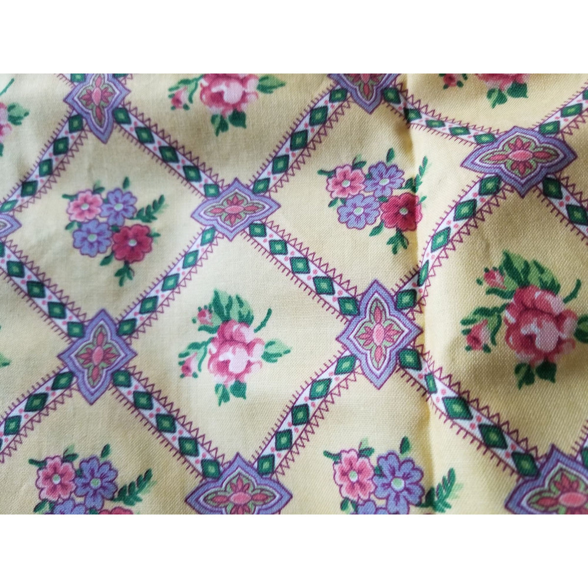 Material Keepsake Cotton Gold Fabric Triangle Flowers Purple Pink Green Geometric  JoAnn 54"  x 60"