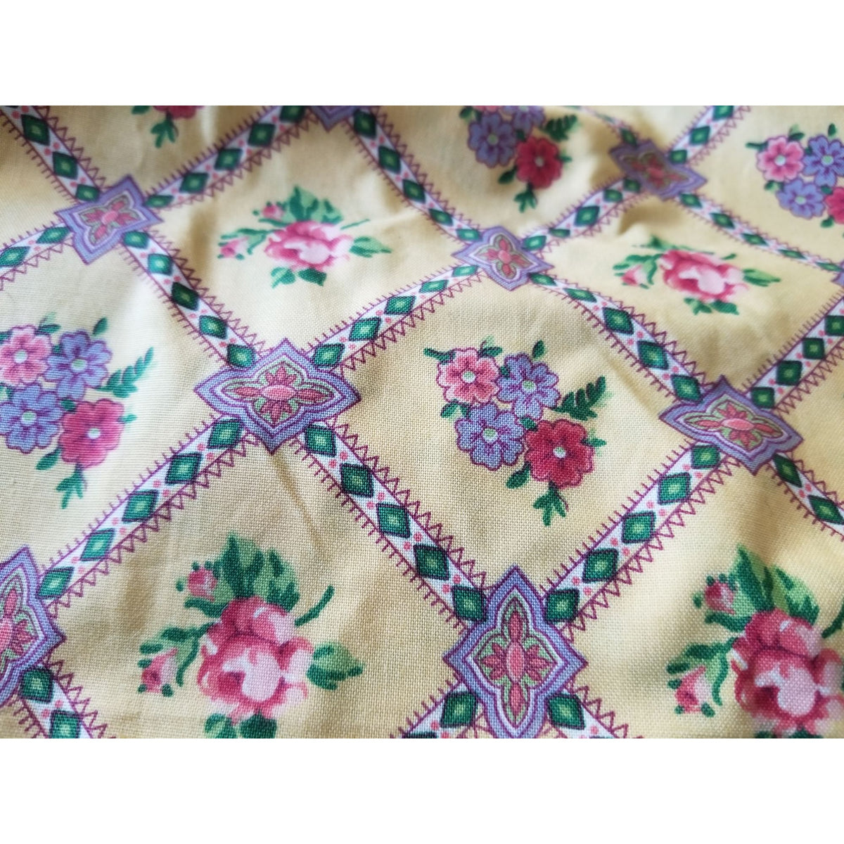 Material Keepsake Cotton Gold Fabric Triangle Flowers Purple Pink Green Geometric  JoAnn 54"  x 60"