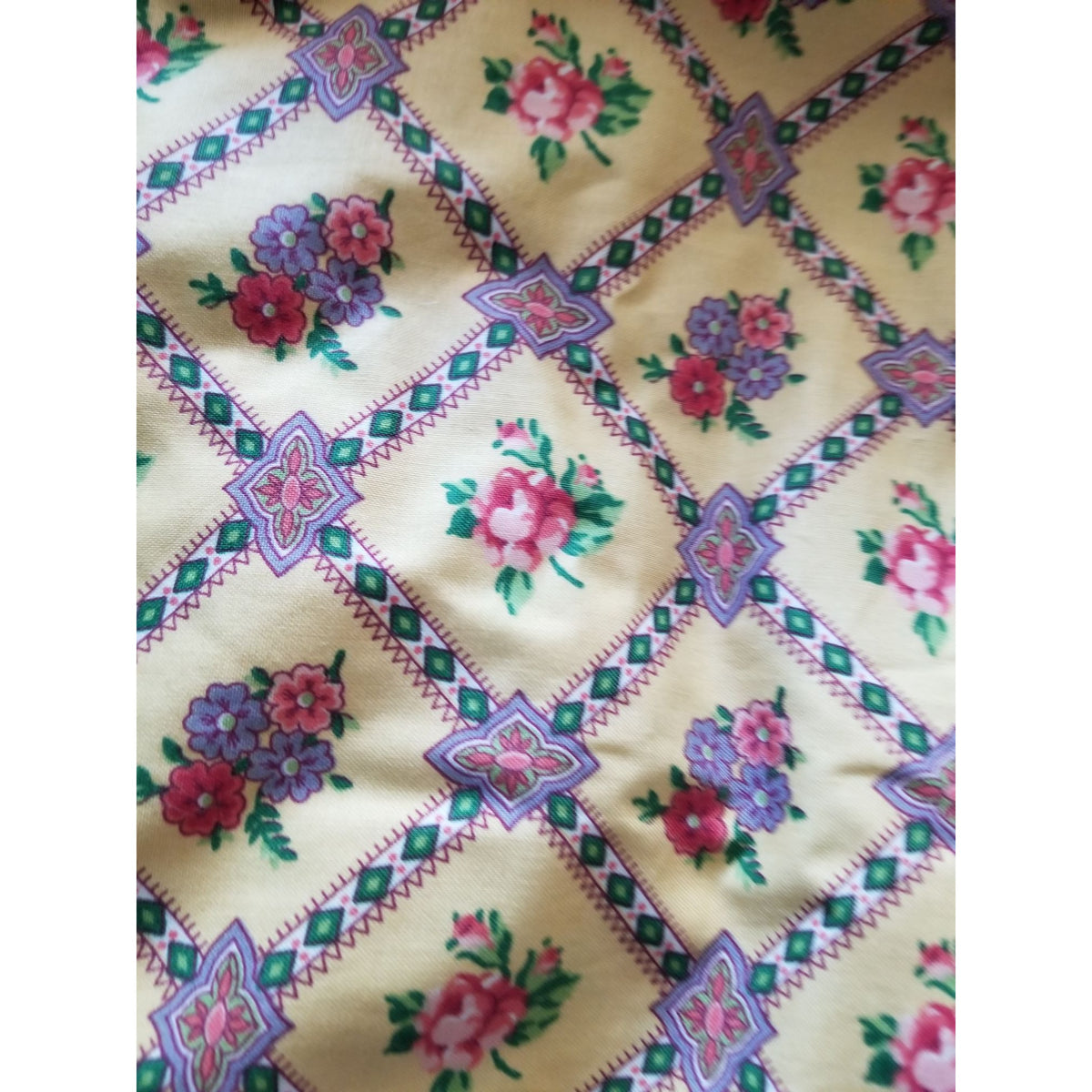 Material Keepsake Cotton Gold Fabric Triangle Flowers Purple Pink Green Geometric  JoAnn 54"  x 60"