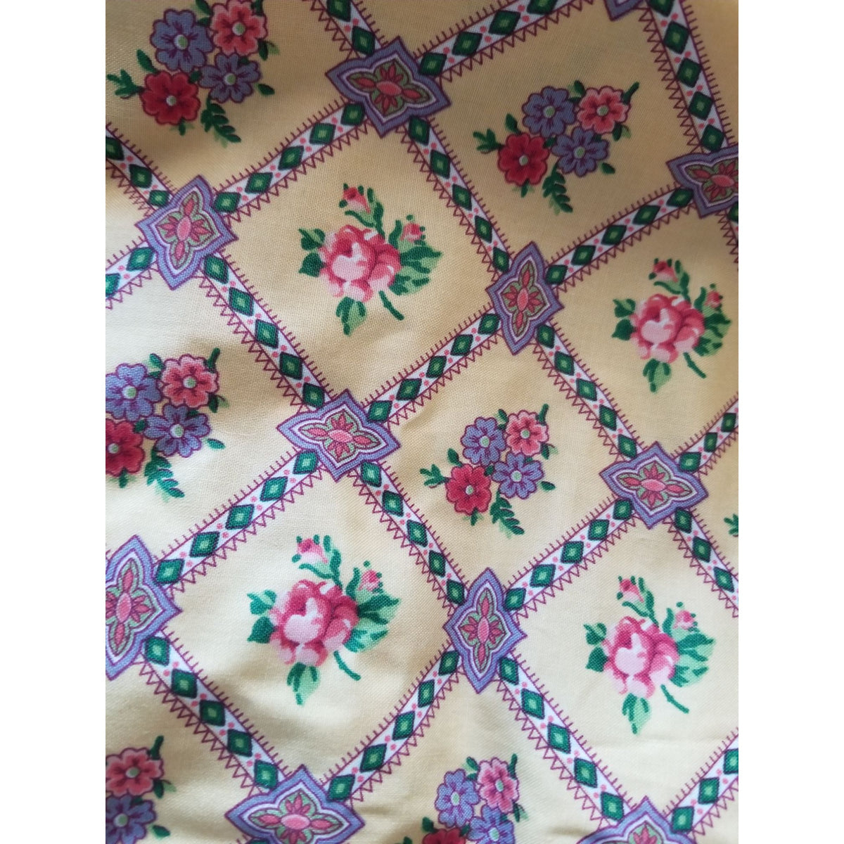 Material Keepsake Cotton Gold Fabric Triangle Flowers Purple Pink Green Geometric  JoAnn 54"  x 60"