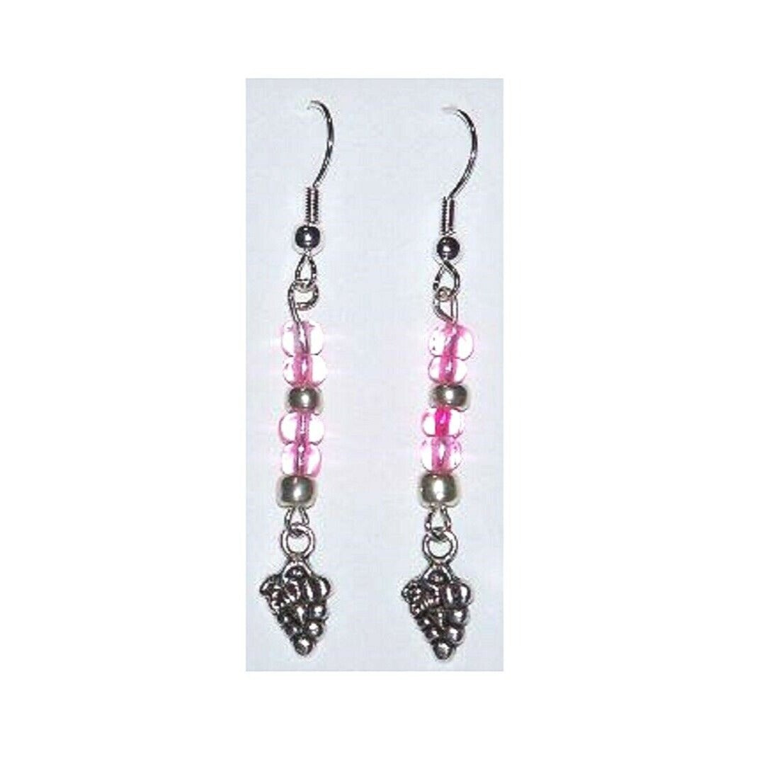 Earrings Small Grape Cluster Wine Charm Sterling Wire Lt Pink & Silver Beads 2"