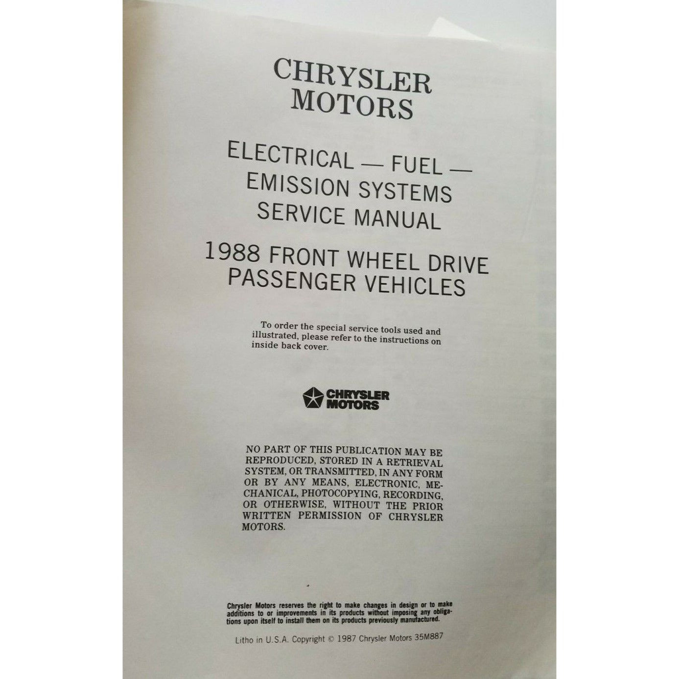 1988 Chrysler Service Manual Electrical Fuel & Emissions Front Wheel Drive