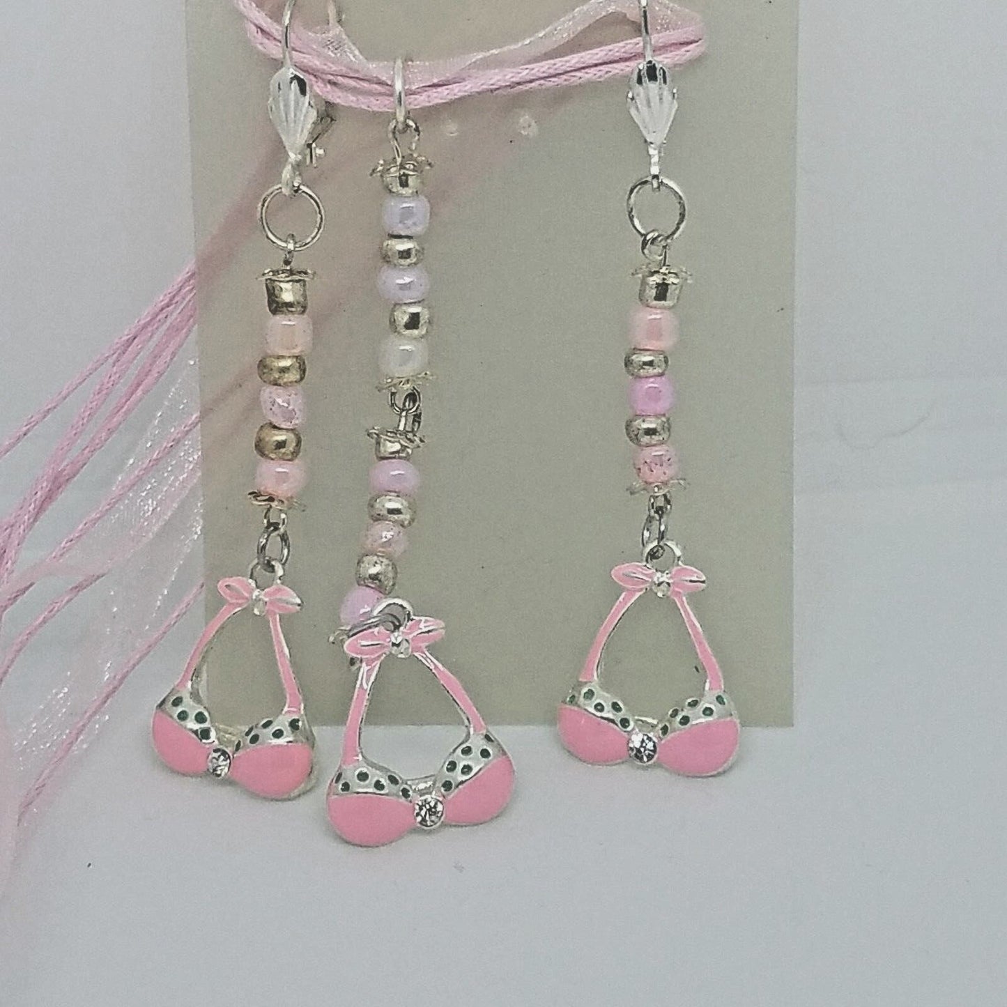 Necklace Earrings Bikini Bra Top 1/2 " Charm Pink Silver Beads Pink Ribbon Cord