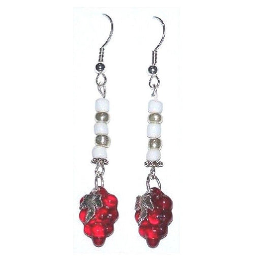 Earrings Small Red Glass Grape Cluster White and Silver Bead Sterling Wire 2"