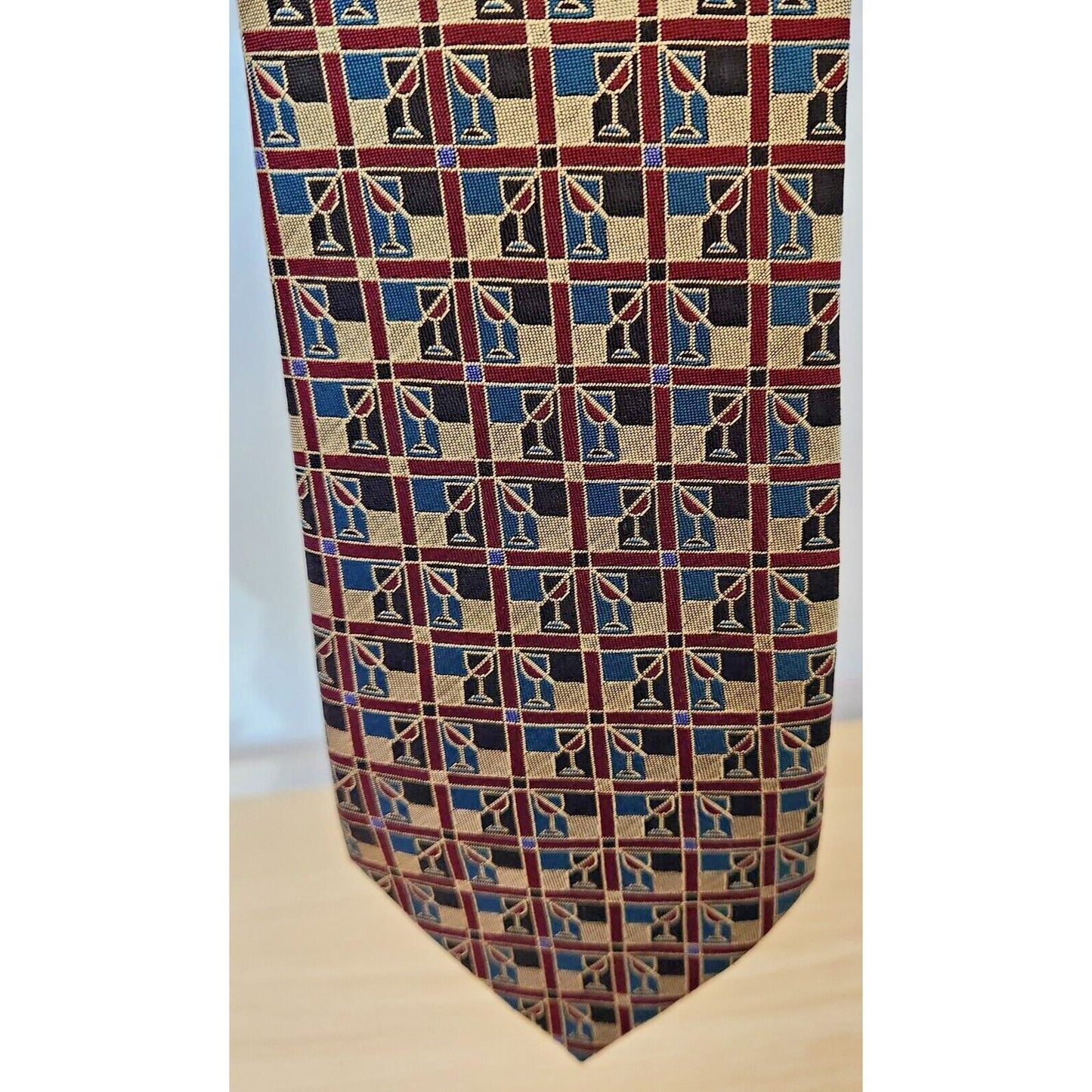 Silk Tie Brand Dino Carlotti Red Stacked Wine Glasses 56" x 4"  100% Silk