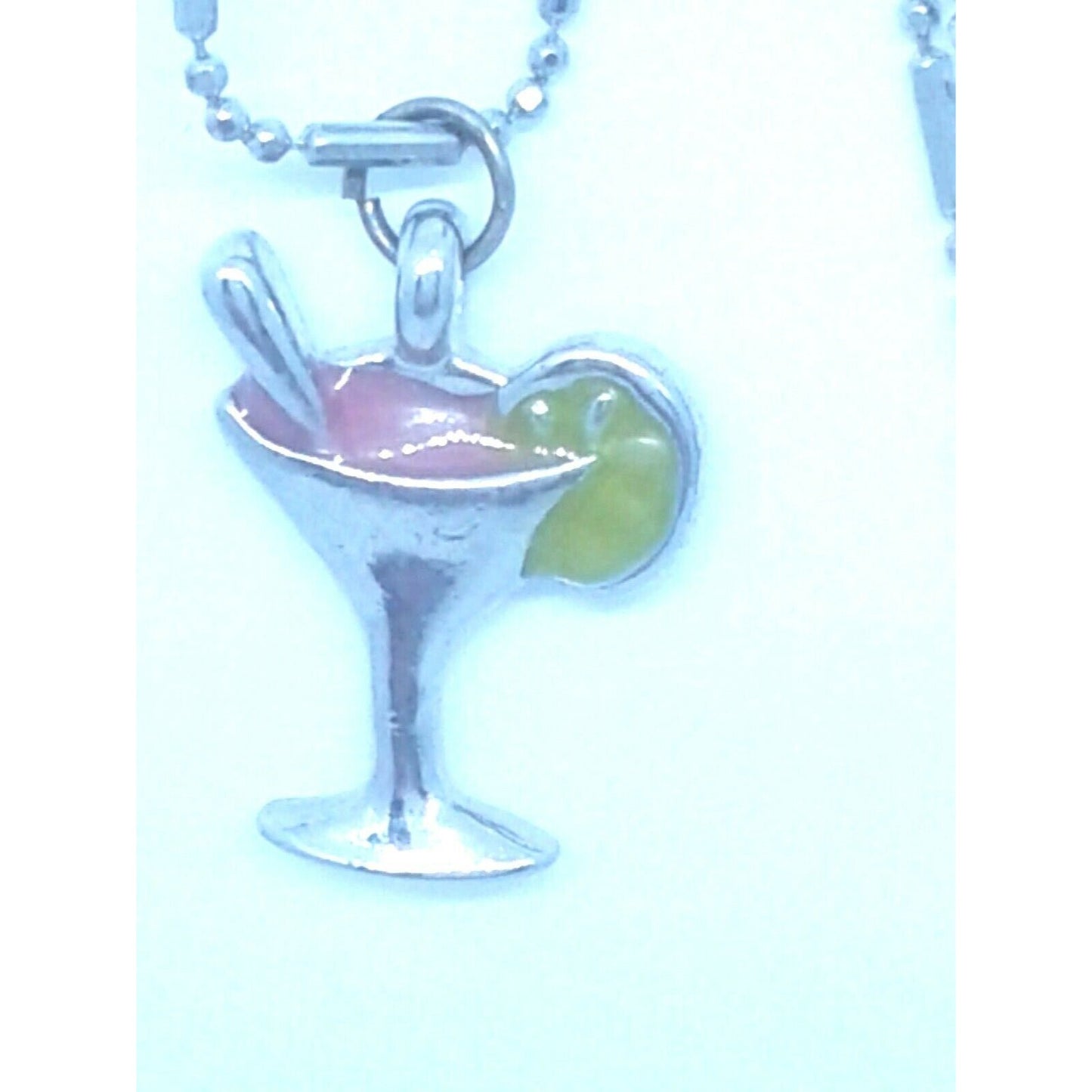 Necklace Drink Glass Pink Margarita Lime Straw 1 " Tall Charm Sterling Chain