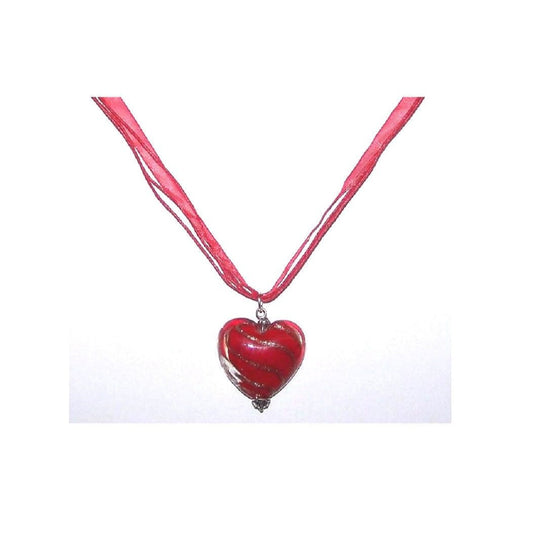 Necklace Big Red Heart 1 1/2" Gold Swirls Red Organza Ribbon Cord