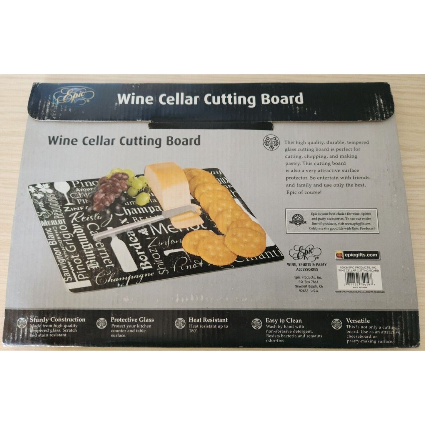 Epic Wine  Cellar Tempered Glass Cutting Board 12" x 8"  Wine Names Packaged