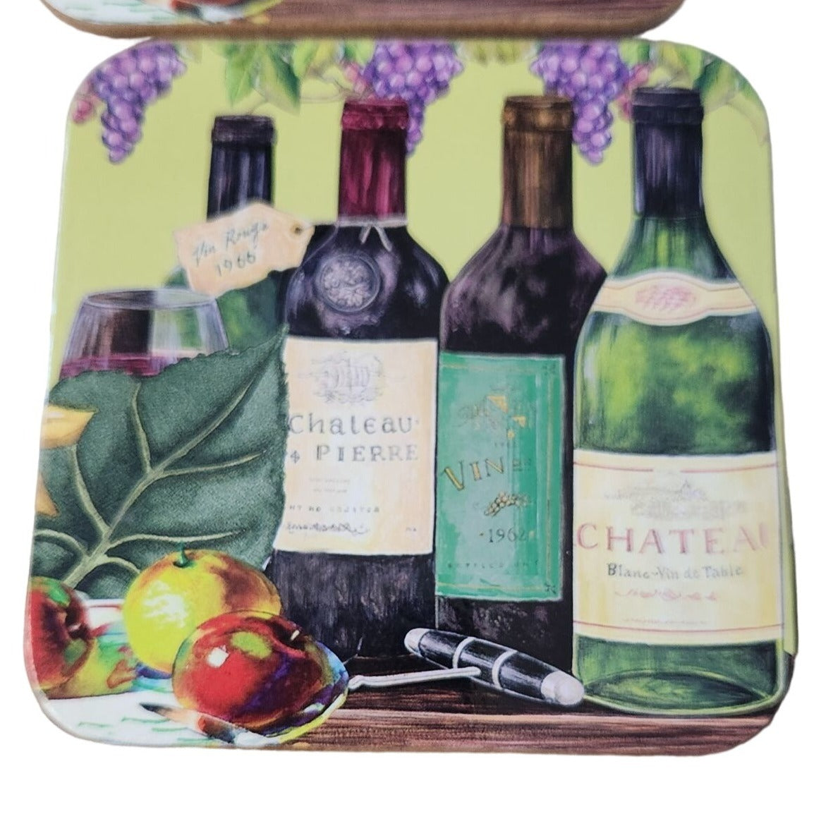 Wine Bottles Grapes Set of 4 Coasters Cork Backing Wood Glossy 3 1/2" x 3 1/2"