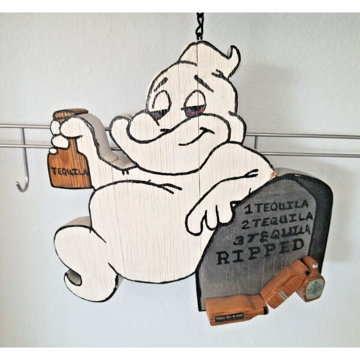 Wood Sign Halloween Ripped  Ghost 1 Tequila 2 Tequila 3 Tequila Ripped Hanging