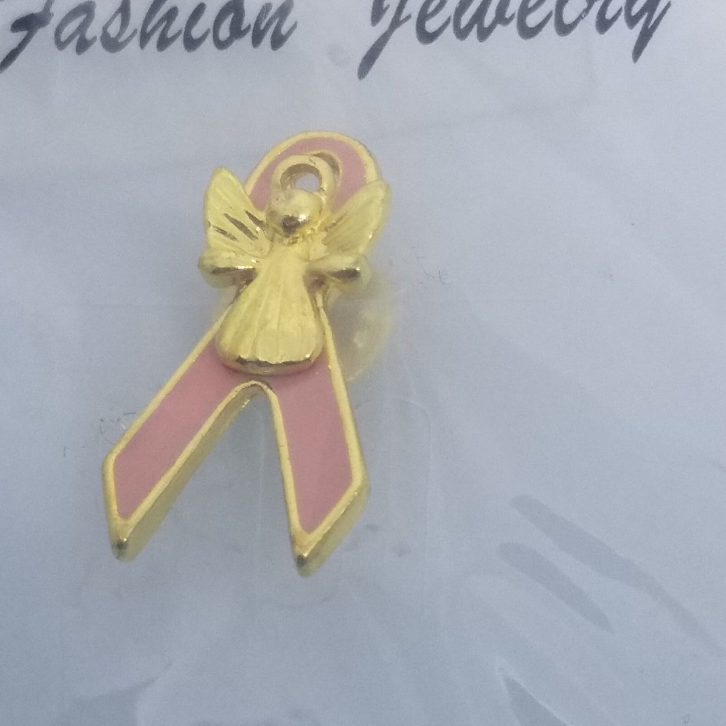 Pin Pink Ribbon Breast Cancer Set of 5 Pink Gold Trim Gold Color Angel 1" Tall