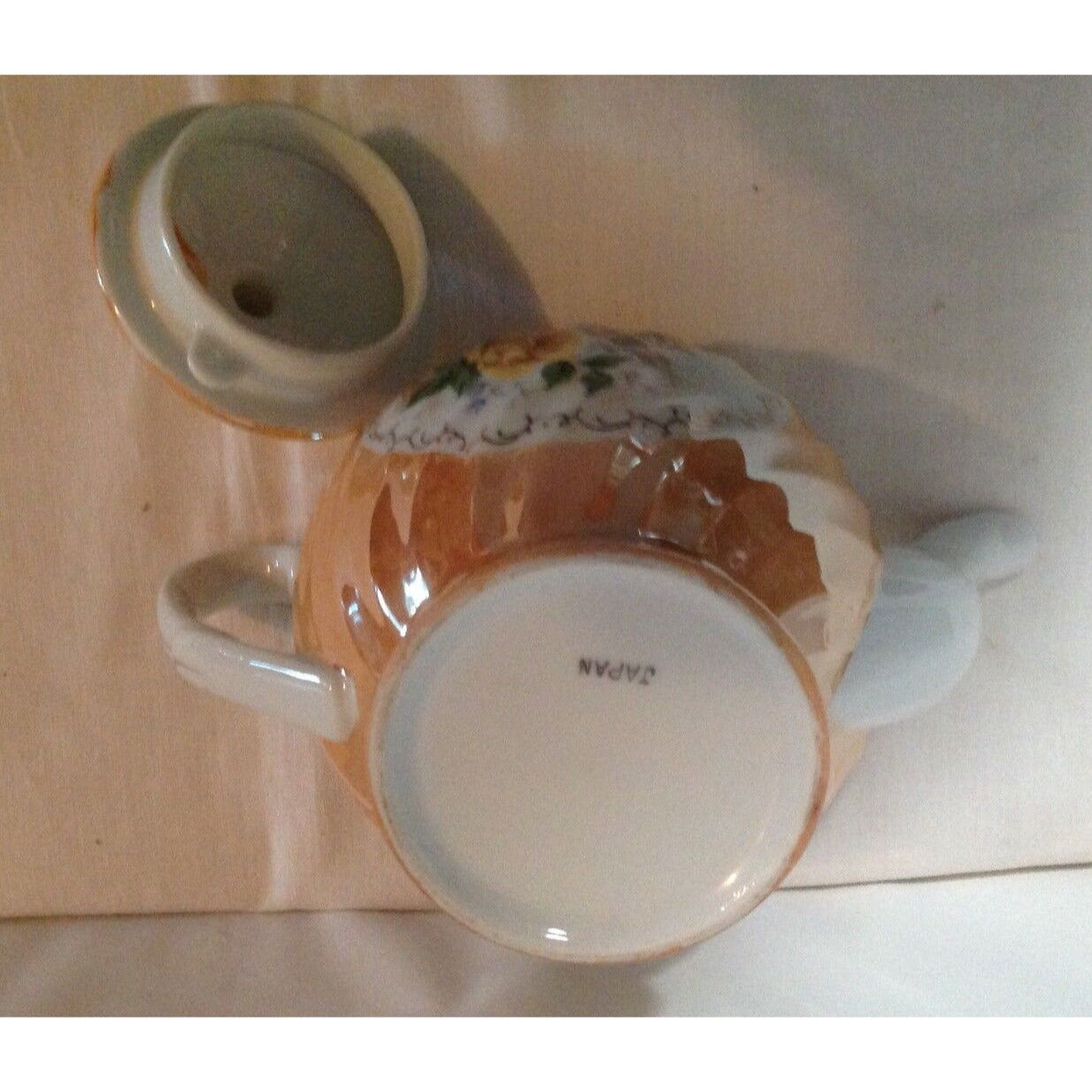 Tea pot Painted Textured Lid made in Japan Yellow Roses 6" Tall top Lid 8" wide