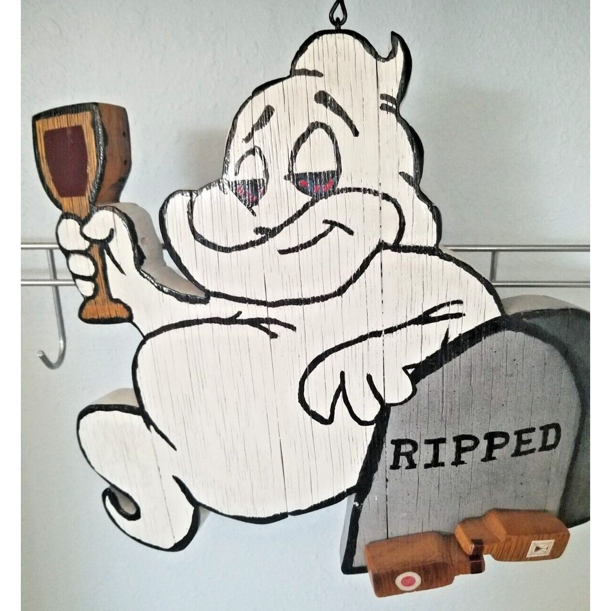 Wood Sign Halloween Ripped Wine Bottle Ghost Red Wine Glass Stave Hanging