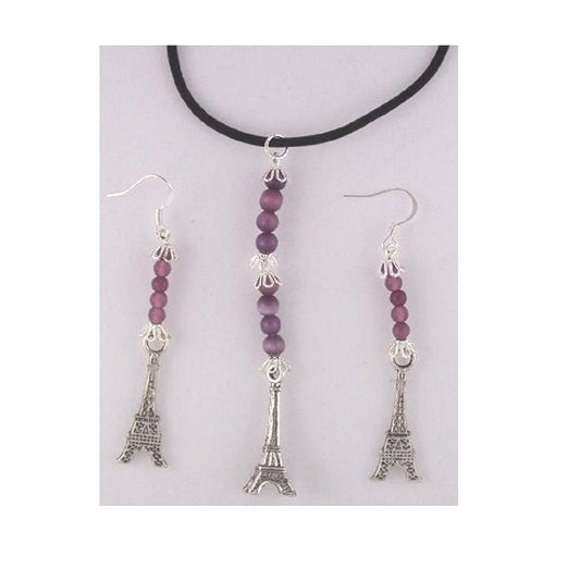 Necklace Earrings 3D Eiffel Tower Charms Brown Silver Beads Black Cord Sterling