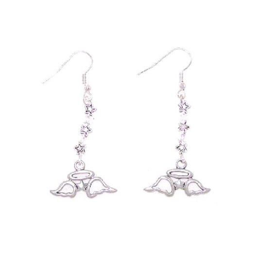 Earrings Angle Wings Charm Star shape and Clear beads Sterling Hook 2" Long