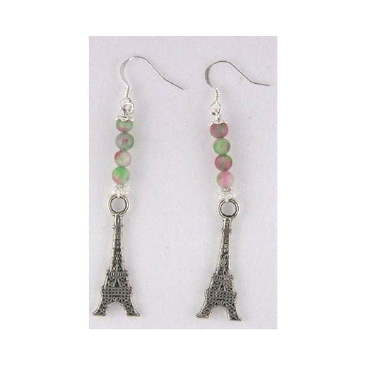 Earrings Eiffel Tower Charms Green Pink Beads Sterling Hooks 2" Long