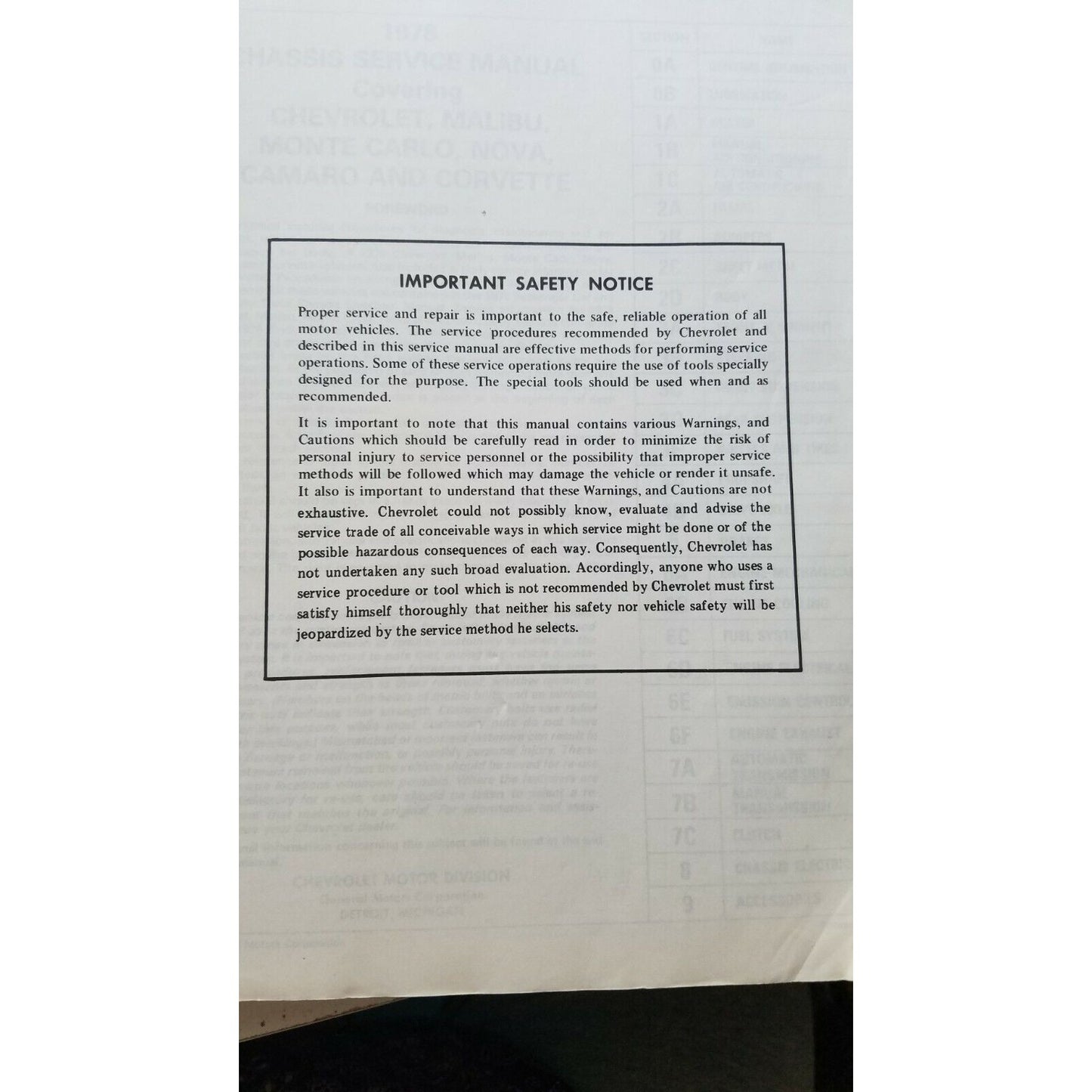 1978 Chevrolet Malibu Camaro Monte Carlo Nova Corvette Auto Service Manual