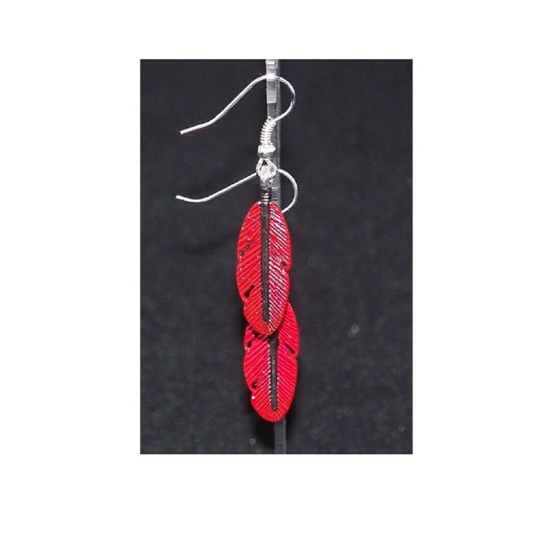 Earrings Painted Red Feather Charm Sterling Hooks 1" Long