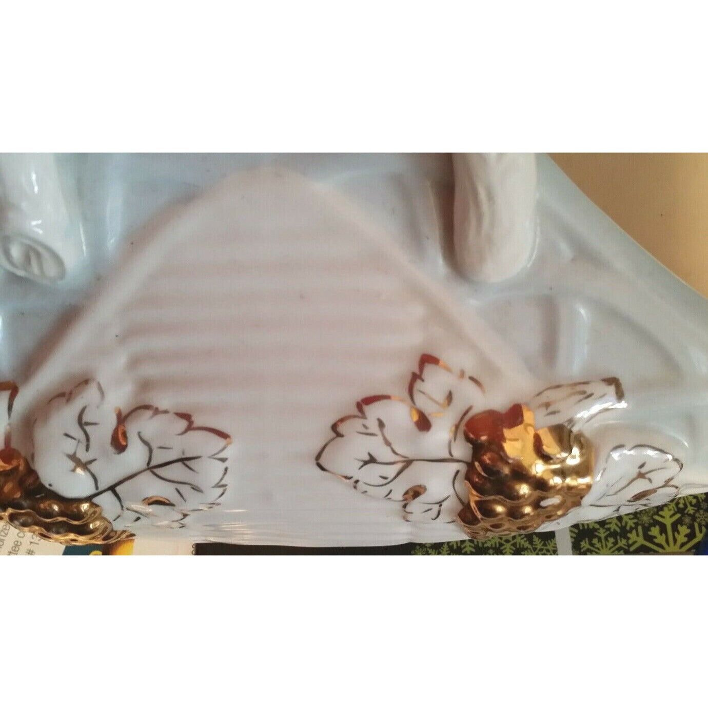 Bowl Ceramic Blue Rim Ribbon Look White Gold Flowers Leaves White Handles