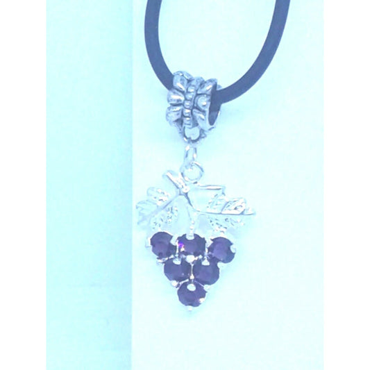 Necklace Purple Crystal Grape Cluster Leaves Vines 1" Long Chain Leather Cord