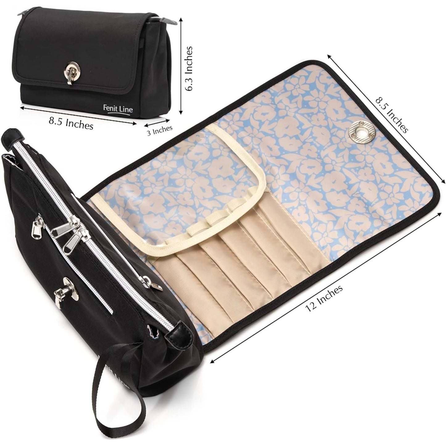 Fenit Line Makeup Bag with Reversible Flap, Portable Cosmetic Bag that Saves Space. Blend Your Makeup Brush Holder & Small Makeup Bag for Pu