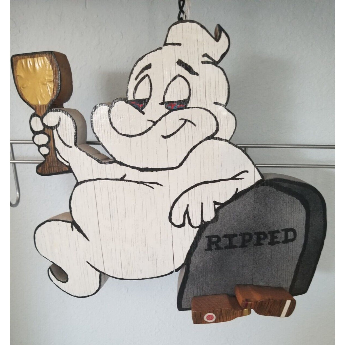 Wood Sign Halloween Ripped Wine Bottle Ghost Wine Glass Stave Head Stone Hanging