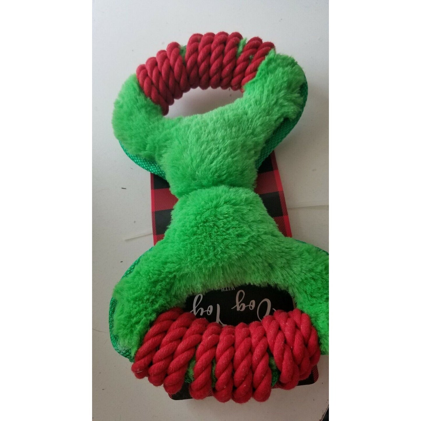 Dog Toy Woof Green & Red Tug a War Plush Squeaker inside Pet Wrapped Ends