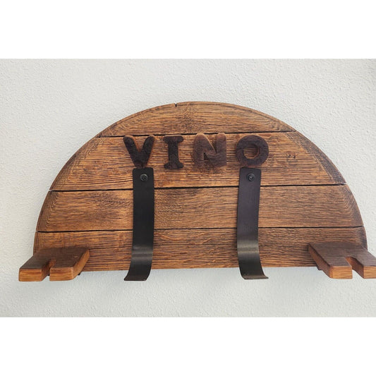 Wood Wine Bottle Holder 1 Bottle Says " Vino" Made from Wine Barrel Stave Ring