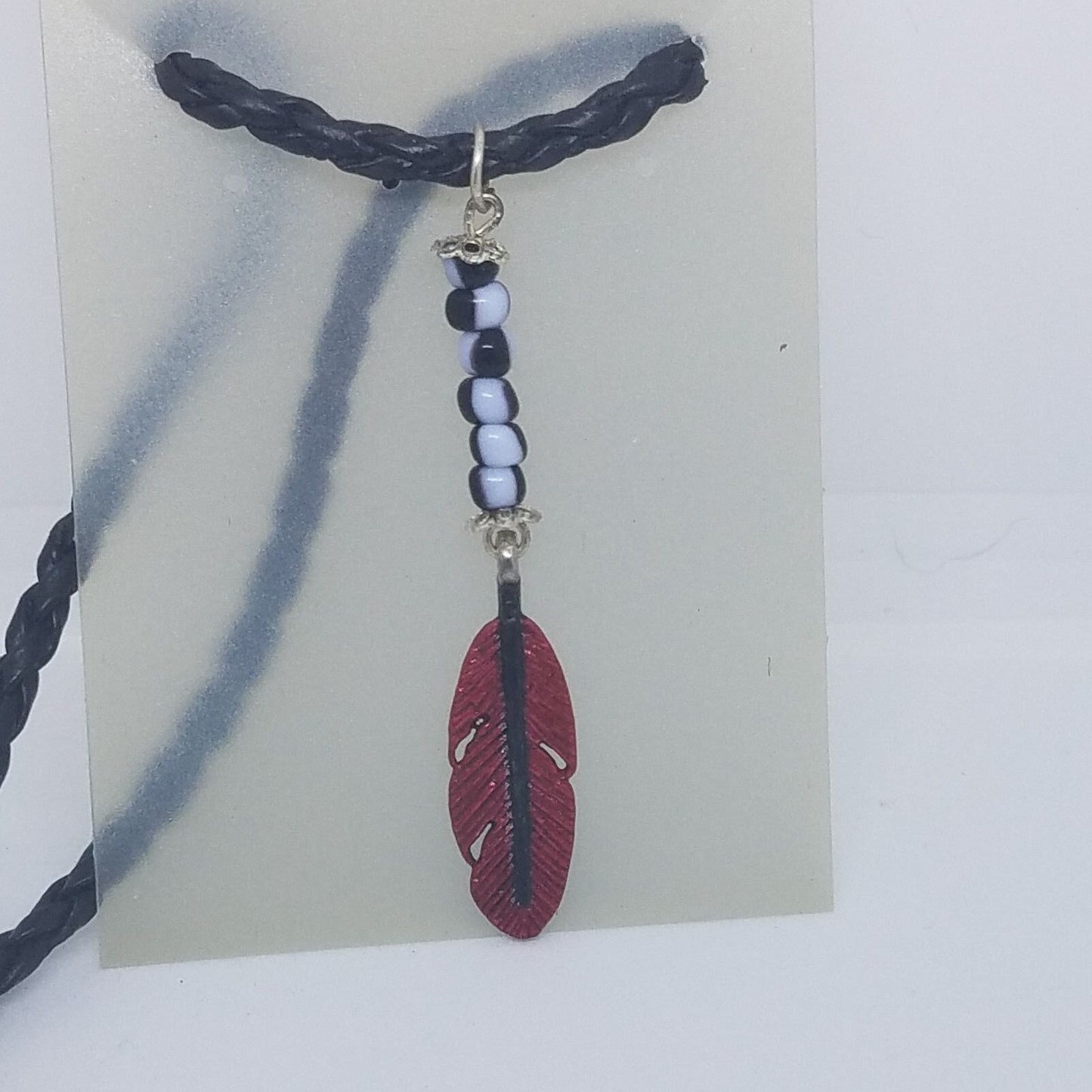 Necklace 1" Painted Red Feather Charm Black Blue Beads Twisted Leather Cord