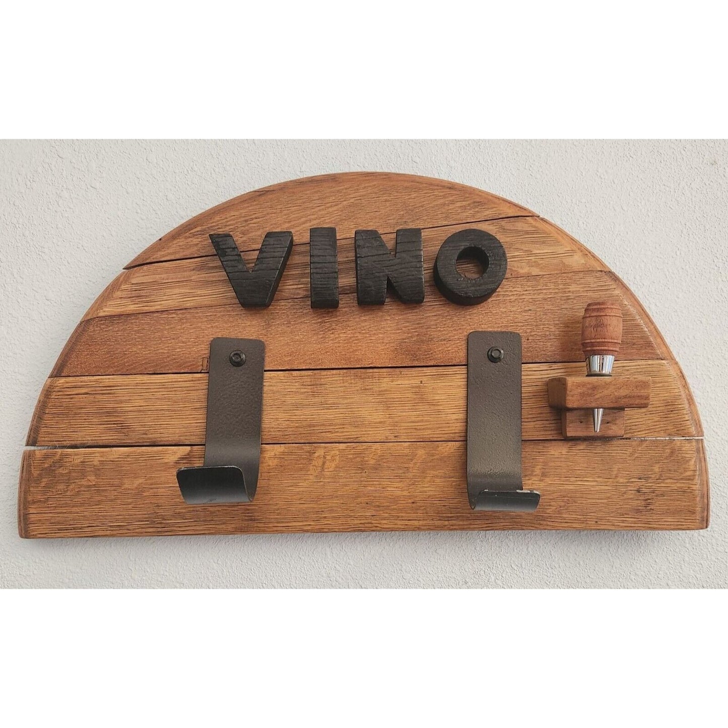 Wine Bottle Holder Says " Vino" with Bottle Stopper Made from Barrel Stave Ring