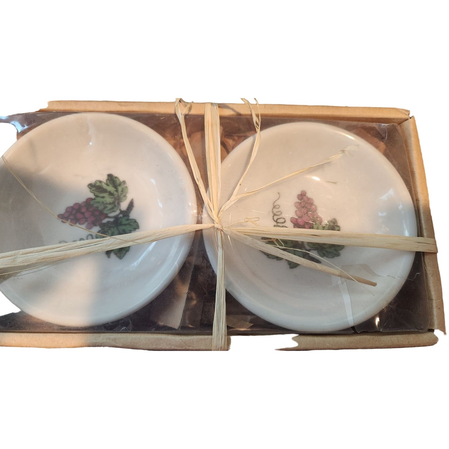 Oil & Vinegar Dipping Bowls set of 2 Grape Cluster White Ceramic 4" Wide Boxed