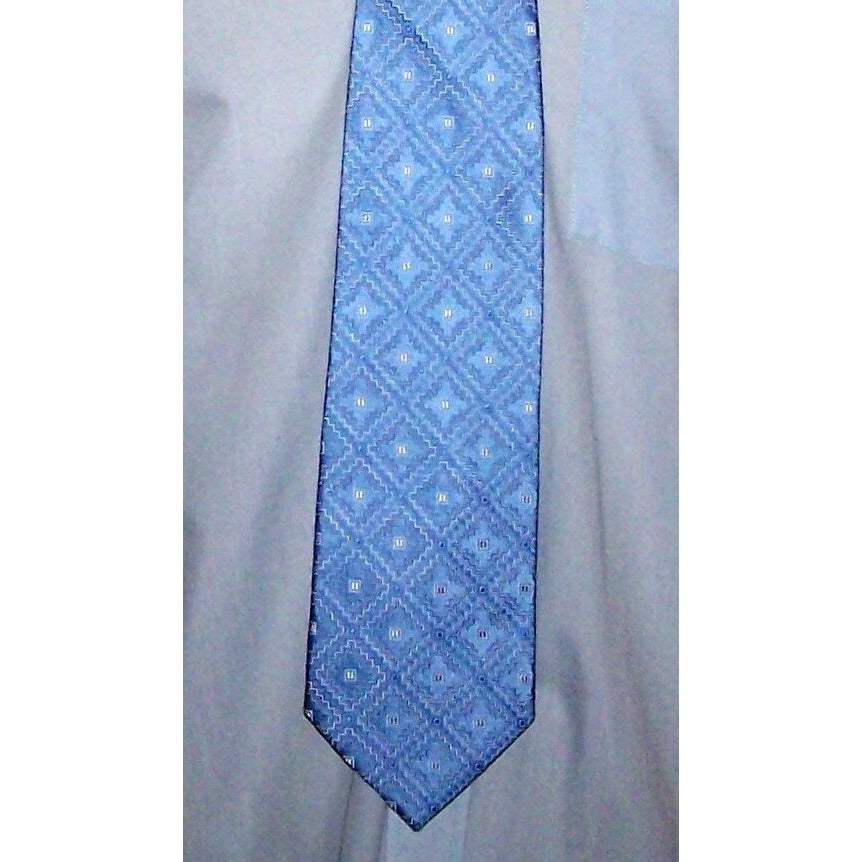 Tie Men's 100 % Silk  Neck Tie Hand Made Courage Blue Geometric Shapes in White