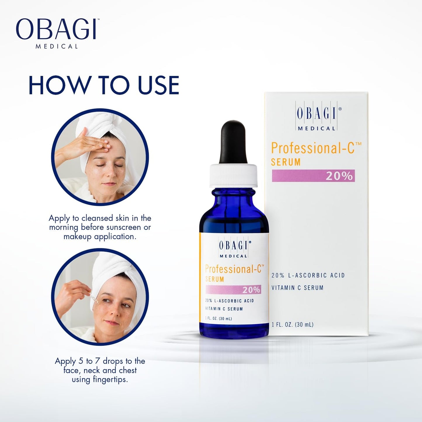 Obagi Professional C Serum 20%, Vitamin C Facial Serum with Concentrated 20% L Ascorbic Acid for Normal to Oily Skin, 0.42 Fl Oz (Small 12.