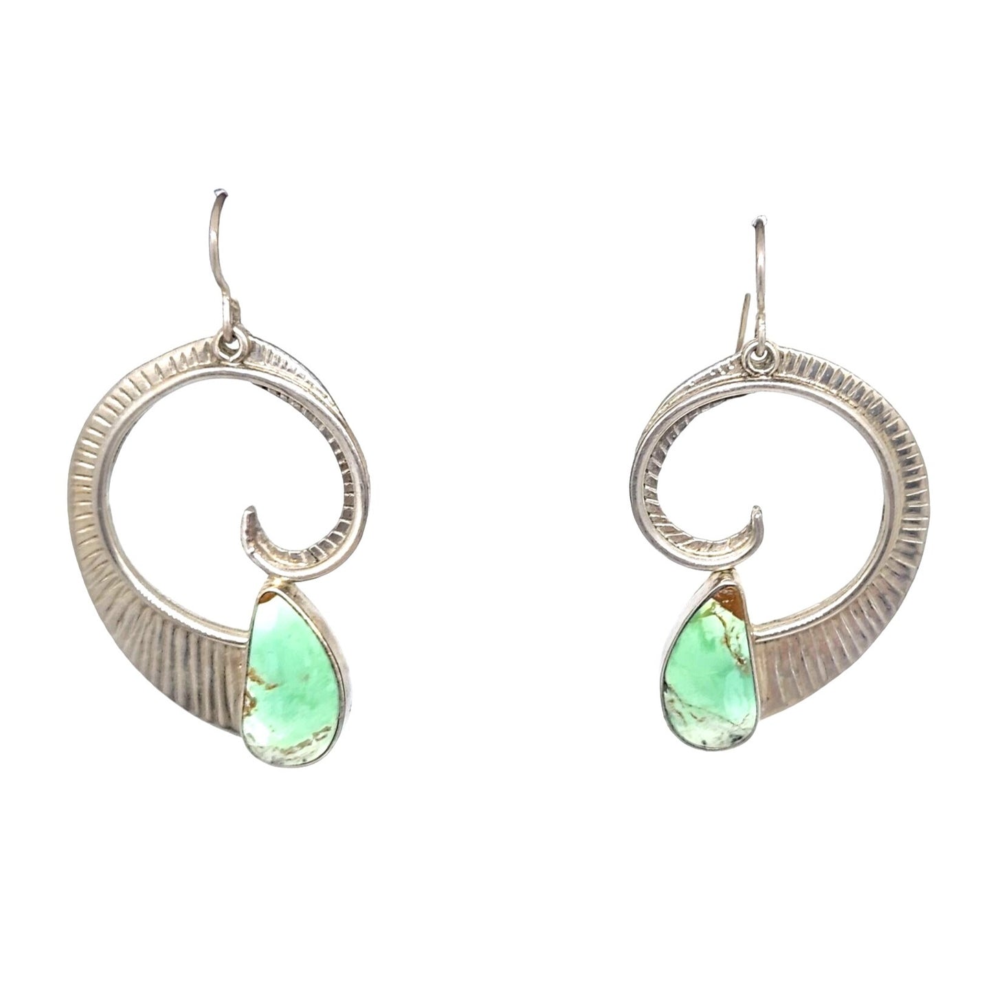 Variscite Spiral Earrings Silver Hooks 15.3 Gr Tear Drop Green Frame 45mm x 35mm